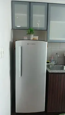 a white refrigerator in a kitchen with a potted plant on top at Alabang homely in Manila