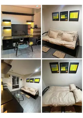 four pictures of a room with a bed and a table at Studio Condominium by Koteniko in Manila