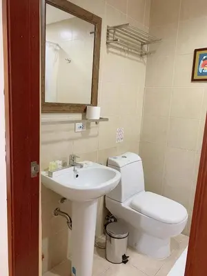 a bathroom with a toilet and a sink and a mirror at Modern Makati Condo for Rent - City Views Convenience in Manila