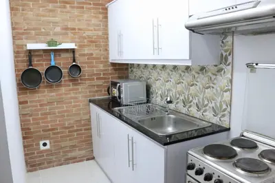 a kitchen with a sink and a brick wall at Julias Attractive and Cozy Penthouse Golf View in Manila