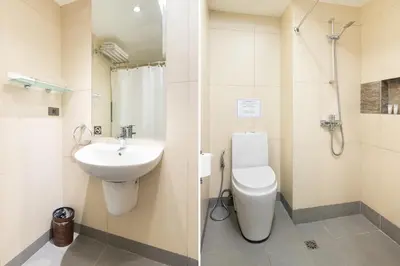two images of a bathroom with a toilet and a sink at Solace Hotel in Manila
