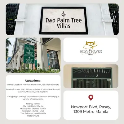 a collage of three pictures of a two palm tree villas at Cozy Haven - Newport - Walking distance to NAIA T3 in Sampong
