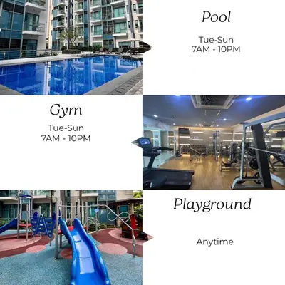 a collage of pictures of a gym and a pool at Cozy Haven - Newport - Walking distance to NAIA T3 in Sampong