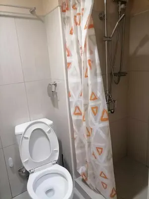 a bathroom with a toilet and a shower curtain at Location perfect staycation with Netflix in Manila