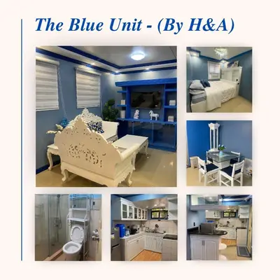 a collage of four pictures of a room at The Blue Unit - By H&A in Manila