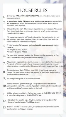 a page of a house rulesletter with a document at El Nissi Staycation, THE DELUXE CABIN, Enchanted Kingdom in Santa Rosa