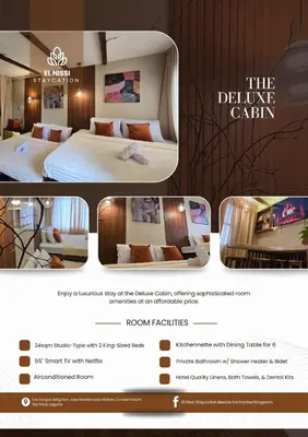a website for a luxury hotel with a hotel room at El Nissi Staycation, THE DELUXE CABIN, Enchanted Kingdom in Santa Rosa
