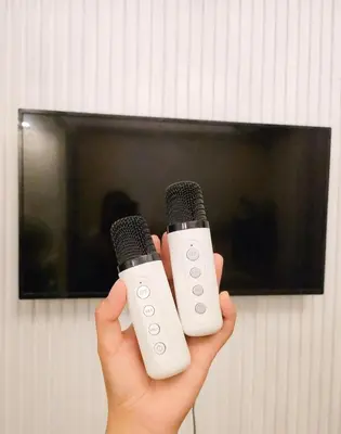 a person holding two microphones in front of a wall at NEMM Staycation in Manila