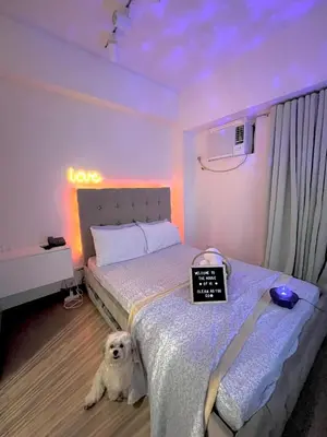 a bedroom with a dog laying on the floor next to a bed at Staycation by Darvy in Manila
