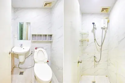 two images of a bathroom with a toilet and a shower at Belvilla College Residences In University Belt, Metro Manila in Manila
