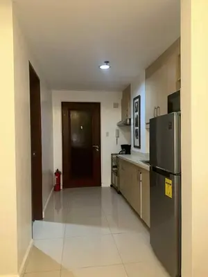 a kitchen with a stainless steel refrigerator and a door at Spacious Studio in Mosaic Tower no Balcony in Manila
