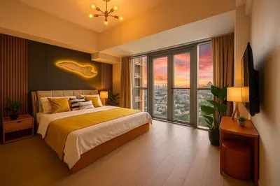 a bedroom with a large bed and a large window at Elegant and Modern 3BR Penthouse in Uptown BGC in Manila