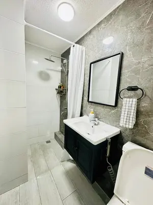 a bathroom with a sink and a mirror and a toilet at Unwind Oasis Two Bedroom Free Pool Access in Manila