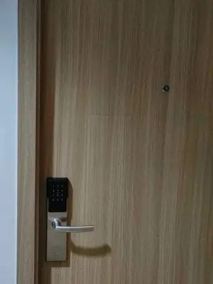 a close up of a wooden door with a lock at shore 1bedroom with balcony in Manila