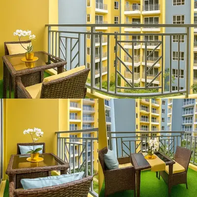 a collage of pictures of a balcony with a table and chairs at Luxury 4 Bedroom Luxury Suite near Solaire & Okada in Manila