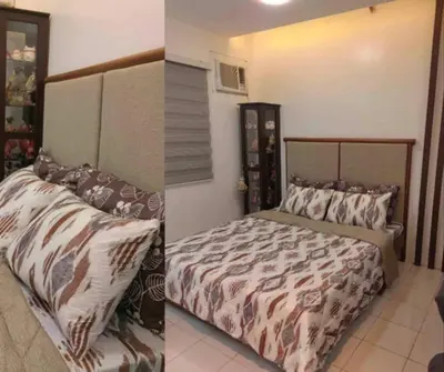 two pictures of a bedroom with a bed in it at Las Enchanted kingdom Cozy Woody in Santa Rosa