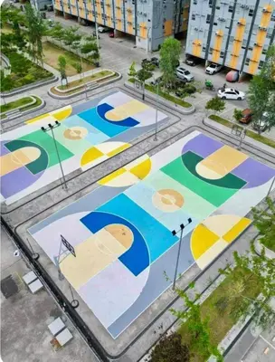 an aerial view of a basketball court in a city at Zen Vibes Modern 2BR Asian Fusion Stay in Manila