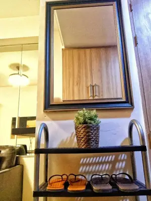 a shelf with a potted plant and a mirror at DS Staycation in Manila