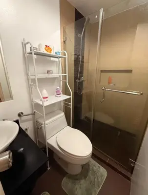 a bathroom with a toilet and a shower at Forbeswood Parklane Condominium in Manila
