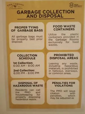 a menu for a garage collection and disposal at The Verdin Brand-New Unit with Pool, Gym, & High-Speed Wi-fi in General Trias
