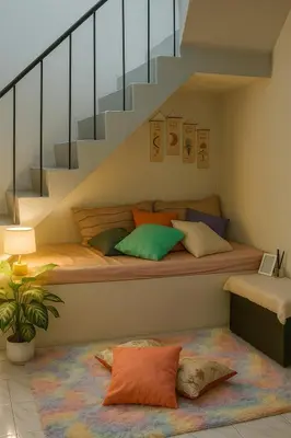 a bed under a staircase with pillows on the floor at Islana Stay Rm A for 1pax only in Imus