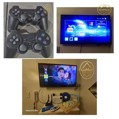 a collage of three pictures of a video game controller and a tv at Staycation near MOA, SMX Convention, DFA & NAIA, in Manila