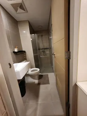 a bathroom with a toilet and a sink and a shower at Two Palm Tree Villas Across NAIA Terminal 3 in Manila