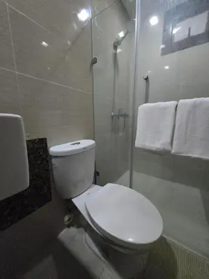 a bathroom with a toilet and a shower with towels at ScandiCozy Studio NAIA T3 Newport Wifi Pool Netflx in Manila