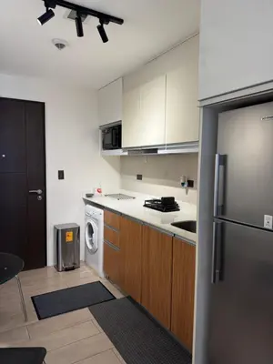 a kitchen with a refrigerator and a washer and dryer at Apartment in Salcedo village, Makati City in Manila