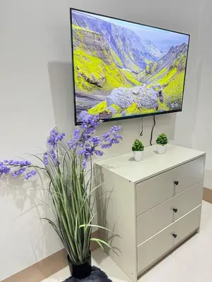 a tv on top of a dresser with purple flowers at Unistay Shore 3 Tower 2 10th floor near MOA and AIRPORT in Manila