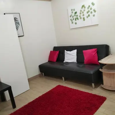 a black couch in a living room with a red rug at Cozy Gutz Place at 16th in Manila