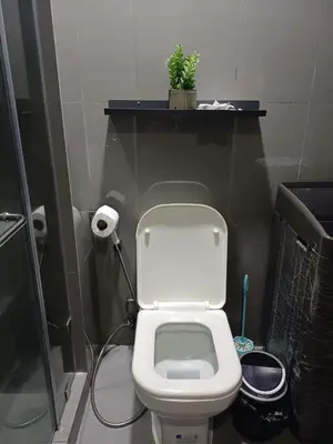 a bathroom with a toilet with a plant on a shelf at Florian's suite in Air Resideneces Makati in Manila