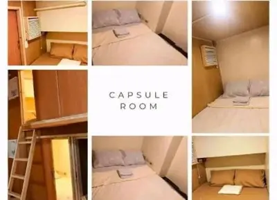 a collage of four pictures of a room with a bed at Capsule bed in Manila