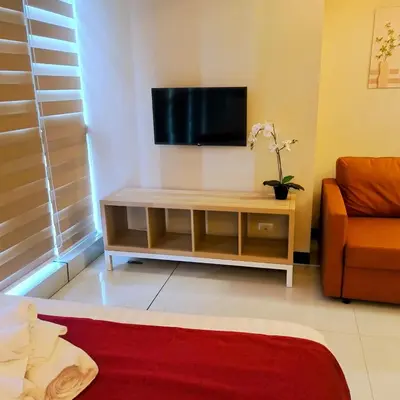 a living room with a television and a couch at Cozy Modernistic 1 BR Uptown BGC in Manila