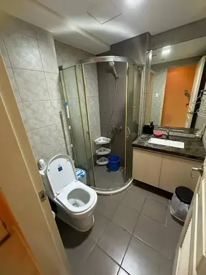 a bathroom with a toilet and a shower and a sink at Cozy-AIS Staycation in Manila