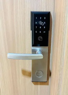 a metal door handle on a wooden door at The Haven Suite Shore3 Residences T2 in Manila