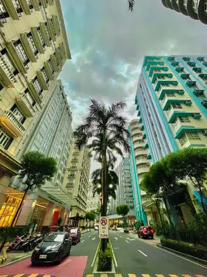 a city street with a palm tree and buildings at 101 Newport Blvd - SkyBison Aerie Condo Across NAIA T3 in Manila