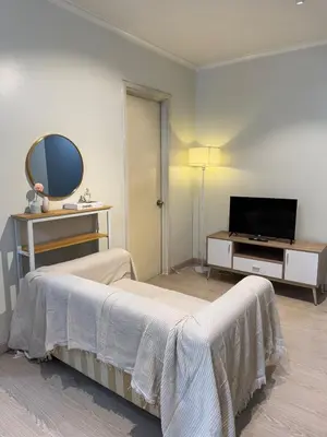 a living room with a bed and a tv at Cozy Spacious BGC Condo near SM Aura, High Street in Manila