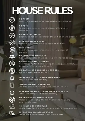 a poster for a house rules at Deluxe Cozy Room Near BGC & Ortigas with Balcony & City View in Manila