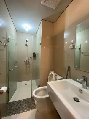a bathroom with a sink and a toilet and a shower at Bekipay Suite at Two Palm tree across NAIA 3 in Manila