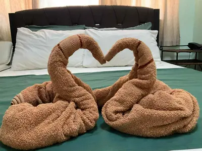 two towels shaped like swans sitting on a bed at Seb and Santi Holland Park Staycation in Biñan