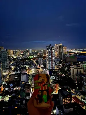 a person holding up a picture of a city at night at Birch Tower Big Studio Type Unit 2711 in Manila