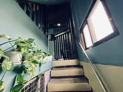 a staircase with potted plants and a window at Economy Room with Private Bath near LRT Santolan Pasig in Manila