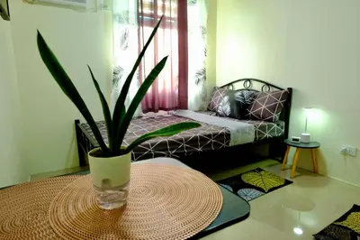 a room with a table with a potted plant on it at Cecils Cubao Cozy Escape in Manila
