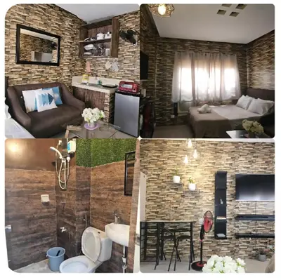 two pictures of a living room and a bedroom at Studio Unit Staycation in Cainta in Cainta