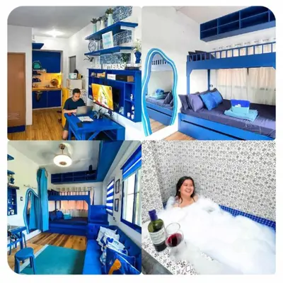 a collage of pictures of a house with a woman in a bed at Staycation in Valley Golf near Antipolo in Cainta