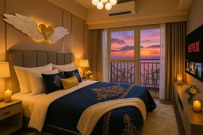 a bedroom with a bed and a window with a sunset at Spacious 5-Bedroom Luxury Apartment Across Okada in Manila