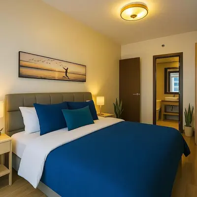 a bedroom with a blue and white bed in a room at Luxury 1-Bedroom Apartment Across Okada Manila in Manila