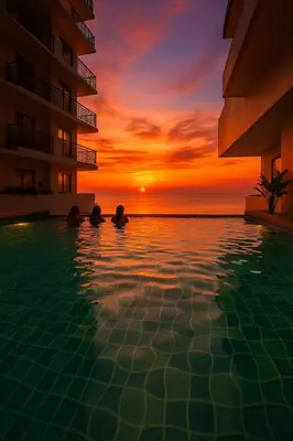 a group of people in a swimming pool at sunset at Luxury 1-Bedroom Apartment Across Okada Manila in Manila