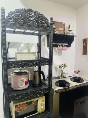 a kitchen with a stove and a shelf with a microwave at Cozy haven across terminal 3 in Manila